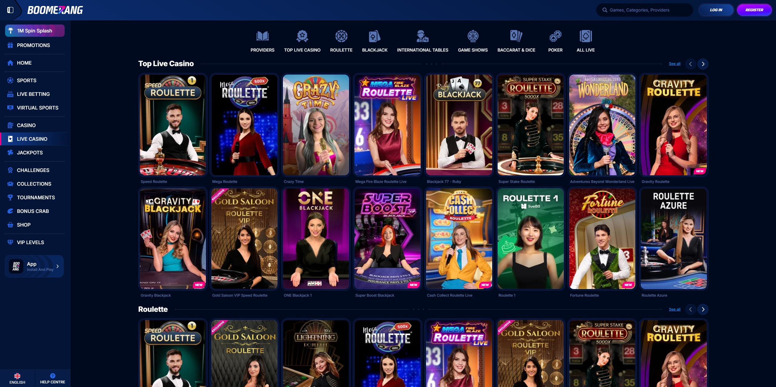 Vielfalt an Casino-Spielen bei Boomerang